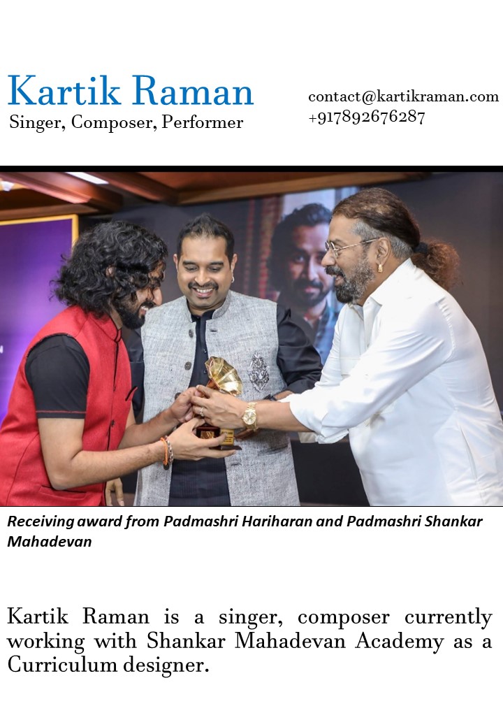 Kartik Raman Receiving Award from Padmashree Hariharan and Shankar Mahadevan